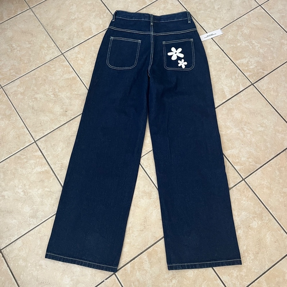 Princess Polly Daisy Wide Leg Jean 4 Dark Wash Flower High Rise Denim Streetwear - Picture 2 of 11